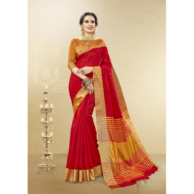 Luscious Red Cotton Handloom Silk Saree with Yellow Blouse