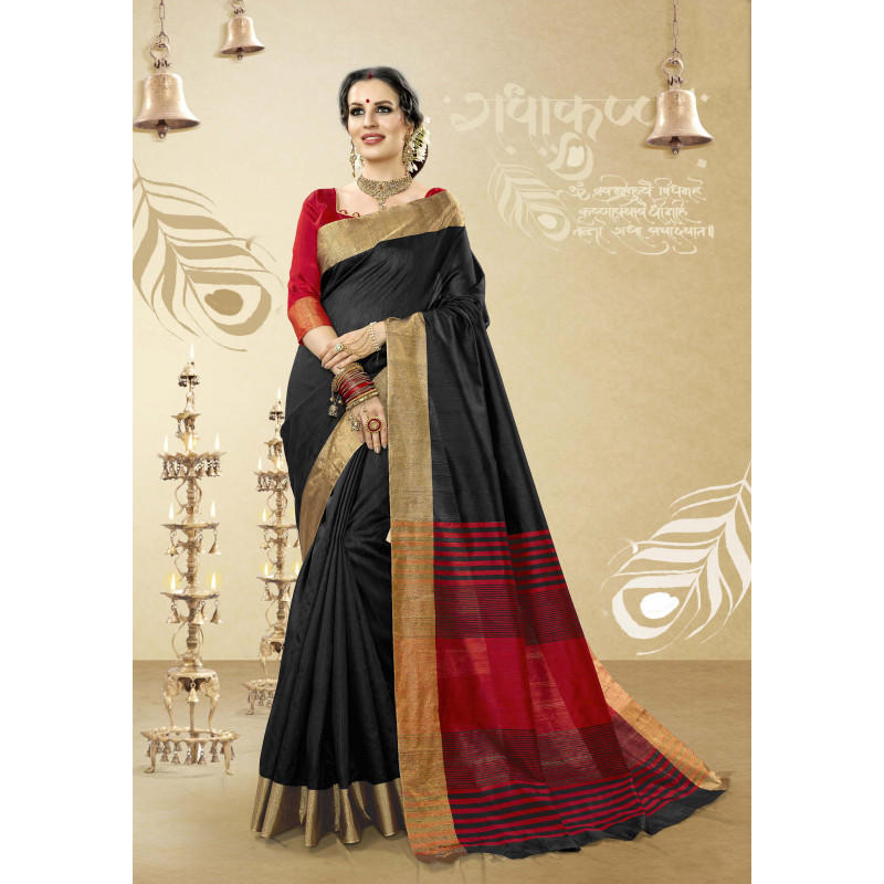 Melodic Black Cotton Handloom Silk Saree with Red Blouse