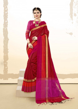 Adorable red  Khadi Cotton Silk  Saree with pink Blouse