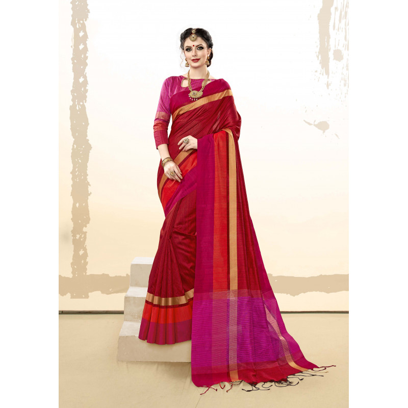 Adorable red  Khadi Cotton Silk  Saree with pink Blouse
