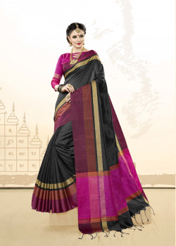 Classic Black Khadi Cotton Silk  Saree with pink Blouse