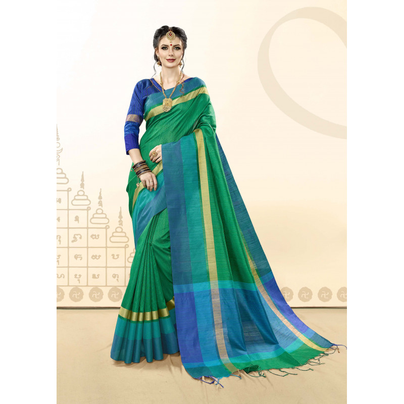 Enigmatic Green Khadi Cotton Silk  Saree with blue  Blouse