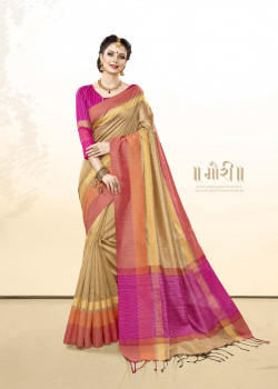 Incredible Beige Khadi Cotton Silk  Saree with pink Blouse