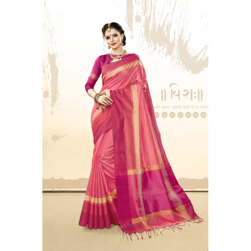 Melodic pink Khadi Cotton Silk  Saree with pink Blouse