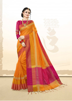Plushy Orange Khadi Cotton Silk  Saree with pink Blouse