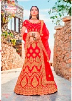 Flamboyant Red color Satin Silk Wedding Lehenga