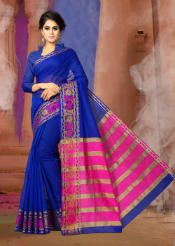 Flamboyant Royal Blue Cotton Silk Saree with Royal Blue Blouse