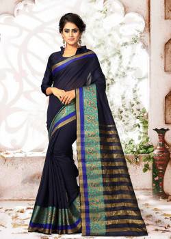 Luscious Neavy Blue Cotton Silk Saree with Neavy Blue Blouse