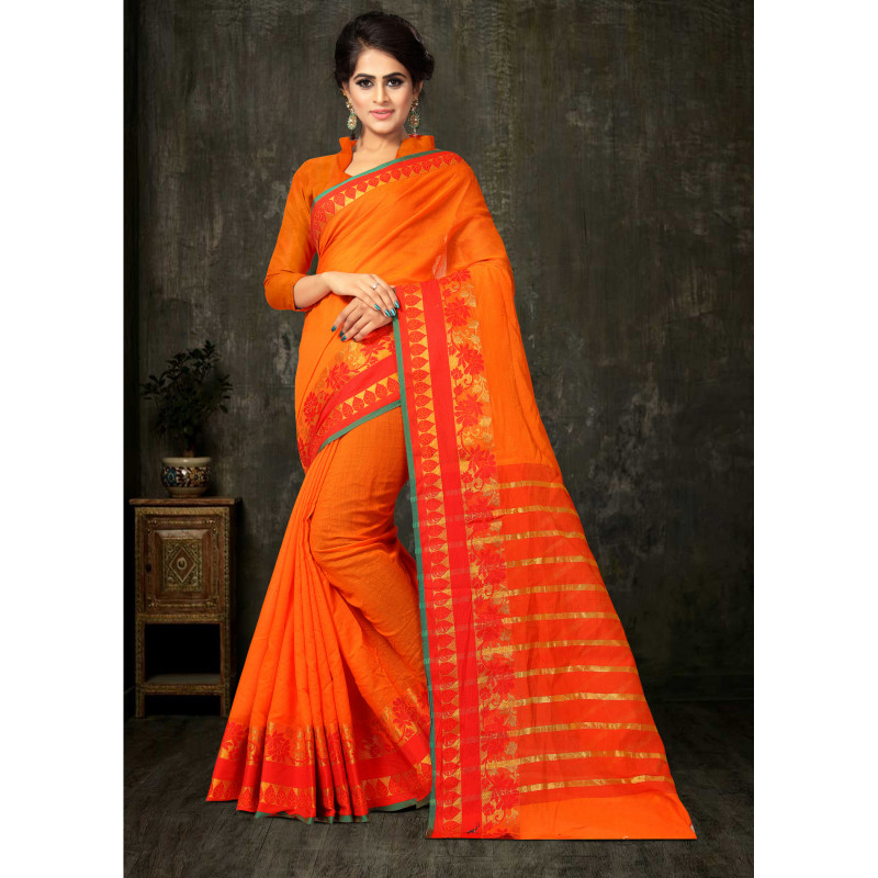Melodic Orange Cotton Silk Saree with Orange Blouse