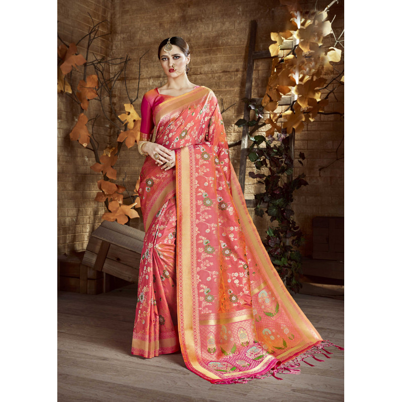 Charming Pink Cora Silk Saree with Pink Blouse