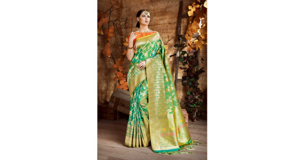 Grey digital printed banaras silk saree with colorful floral designs &  macaw birds, contrast border & intricate pallu