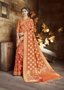 Divine Orange Cora Silk Saree with Orange Blouse