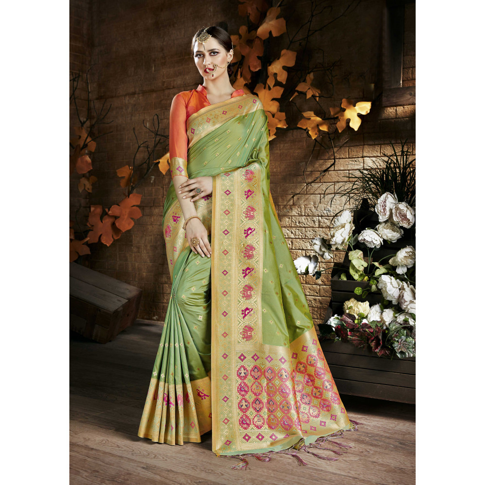 Embroidery Work Green Blouse With Orange Color Heavy Weaved Silk Saree