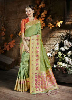 Exotic Green Cora Silk Saree with Orange Blouse