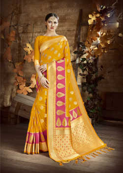Melodic Yellow Cora Silk Saree with Yellow Blouse