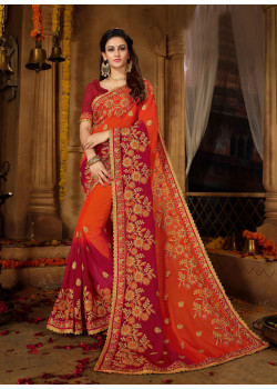 Classic Orange + Red Georgette + Rangoli Saree with Red  Blouse