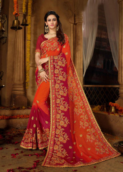 Classic Orange + Red Georgette + Rangoli Saree with Red  Blouse