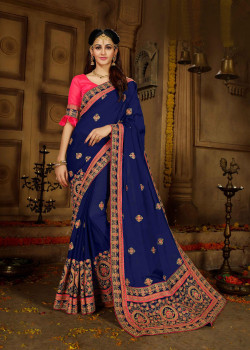 Enigmatic Navi Blue Rangoli Saree with Pink Blouse