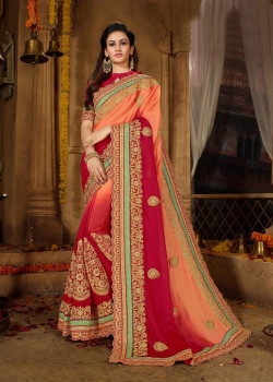 Flamboyant Peach + Red Moss Chiffon Saree with Red  Blouse
