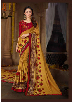 Divine Yellow Rangoli Georgette Saree with Maroon Blouse