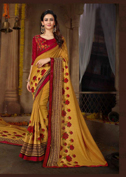 Divine Yellow Rangoli Georgette Saree with Maroon Blouse