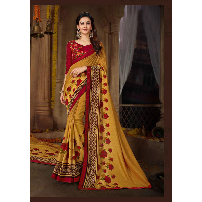 Divine Yellow Rangoli Georgette Saree with Maroon Blouse