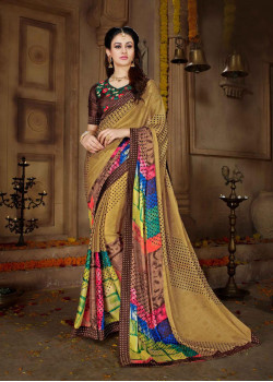 Luscious Multi Color Rangoli Georgette Saree with Brown Blouse