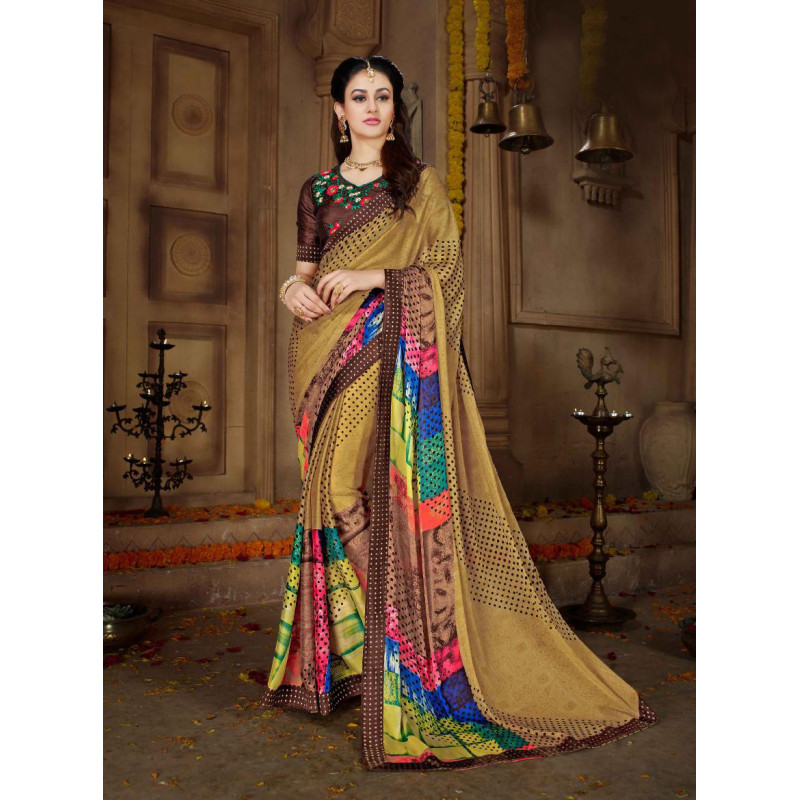 Luscious Multi Color Rangoli Georgette Saree with Brown Blouse