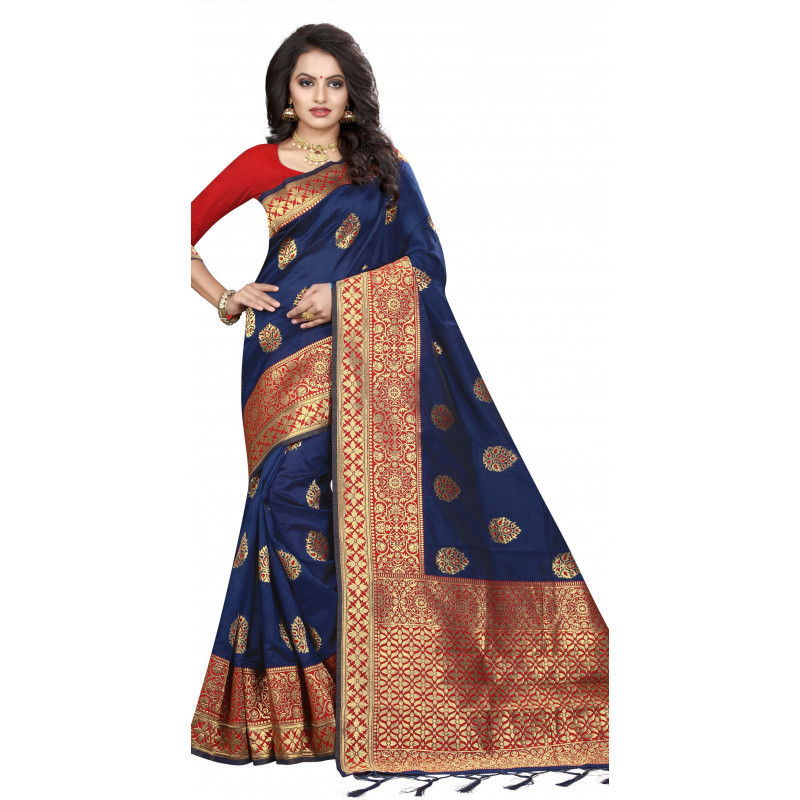 Divine Blue Silk Saree with Red Blouse
