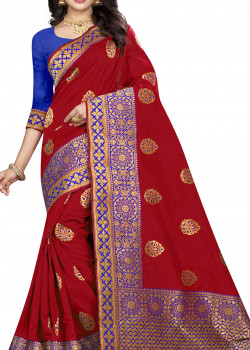 Magnificient Red Silk Saree with Blue Blouse