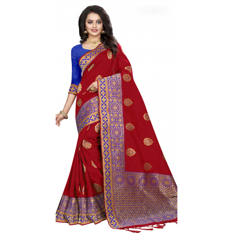 Magnificient Red Silk Saree with Blue Blouse
