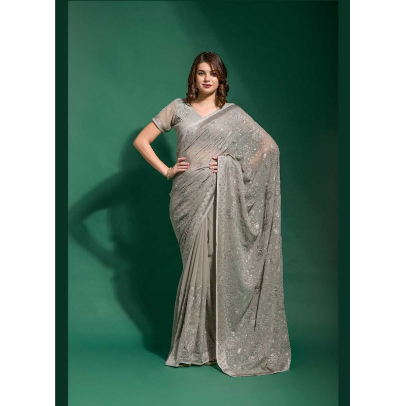 Grey Georgette Embroidered Party Wear Sarees AF230472
