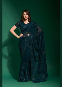 Teal Blue Georgette Embroidered Party Wear Sarees AF230475