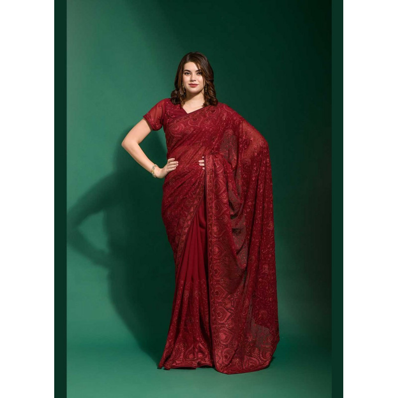 Maroon Georgette Embroidered Party Wear Sarees AF230476