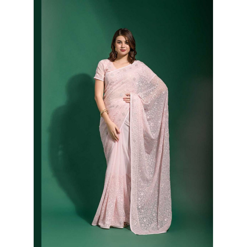 Baby Pink Georgette Embroidered Party Wear Sarees AF230480