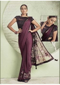 Wine Lycra  Embroidery Hand Work Party Wear Sarees AF230450