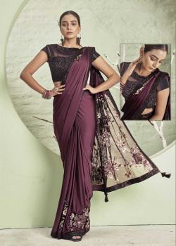 Wine Lycra  Embroidery Hand Work Party Wear Sarees AF230450