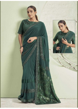 Teal Lycra  Embroidery Hand Work Party Wear Sarees AF230451