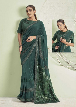 Teal Lycra  Embroidery Hand Work Party Wear Sarees AF230451