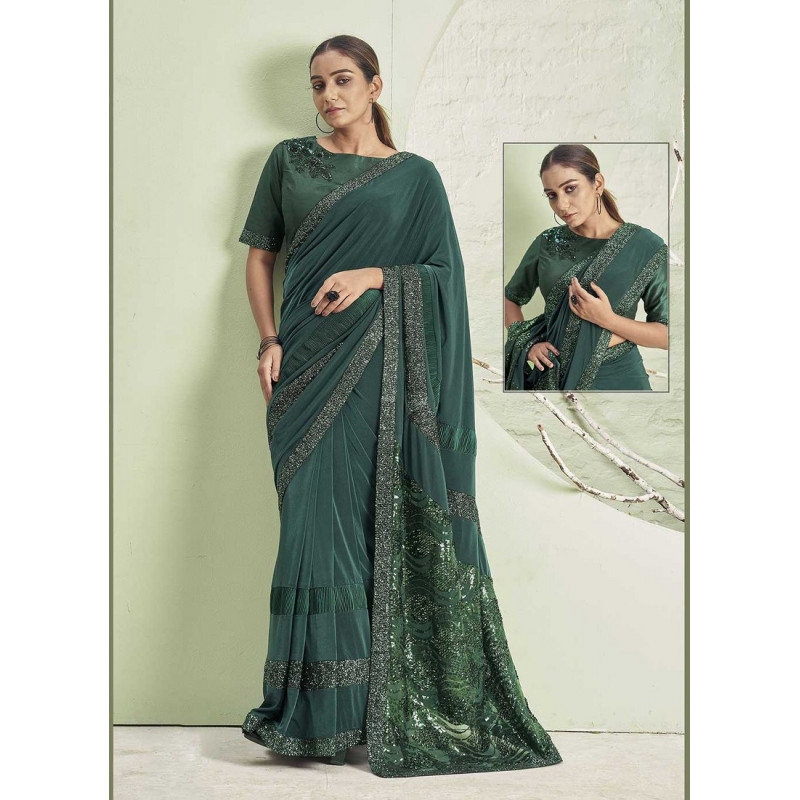 Teal Lycra  Embroidery Hand Work Party Wear Sarees AF230451