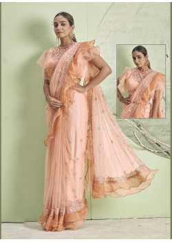 Peach Lycra  Embroidery Hand Work Party Wear Sarees AF230452