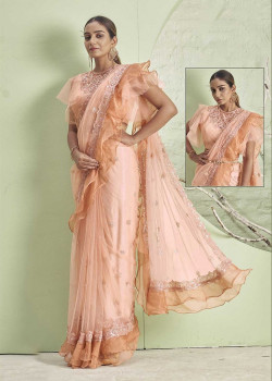 Peach Lycra  Embroidery Hand Work Party Wear Sarees AF230452
