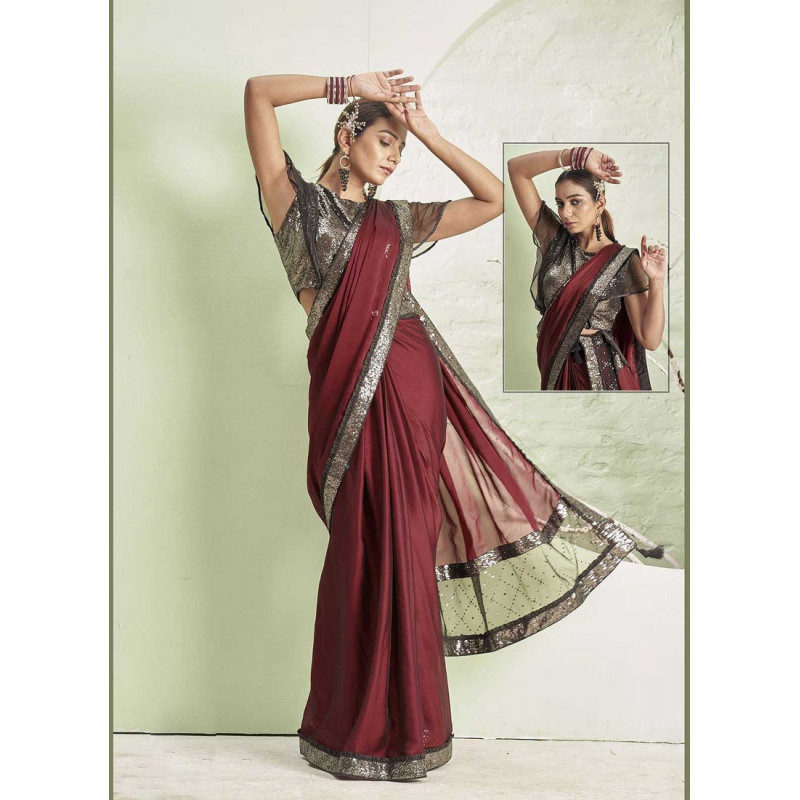 Maroon Lycra  Embroidery Hand Work Party Wear Sarees AF230453