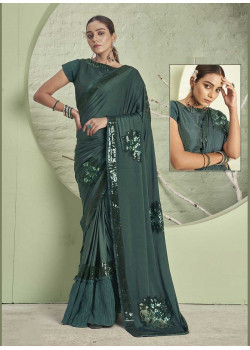 Sea Green Lycra  Embroidery Hand Work Party Wear Sarees AF230454