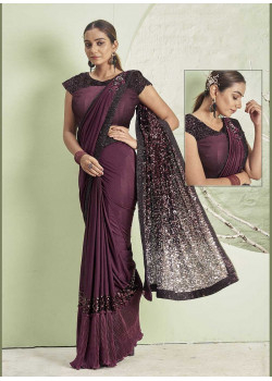 Wine Lycra  Embroidery Hand Work Party Wear Sarees AF230455