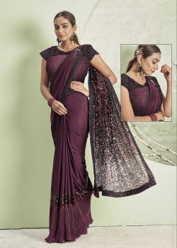 Wine Lycra  Embroidery Hand Work Party Wear Sarees AF230455