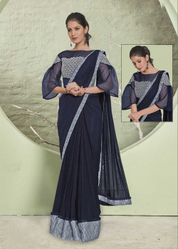 Navy Blue Lycra  Embroidery Hand Work Party Wear Sarees AF230456