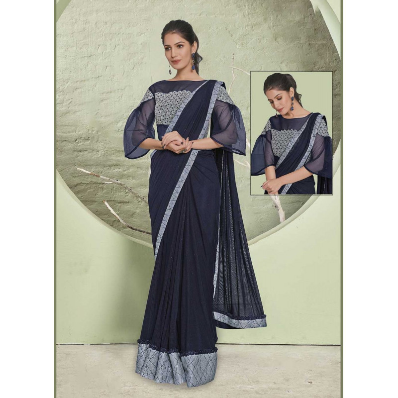 Navy Blue Lycra  Embroidery Hand Work Party Wear Sarees AF230456