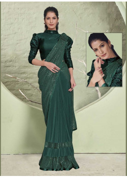 Green Lycra  Embroidery Hand Work Party Wear Sarees AF230457