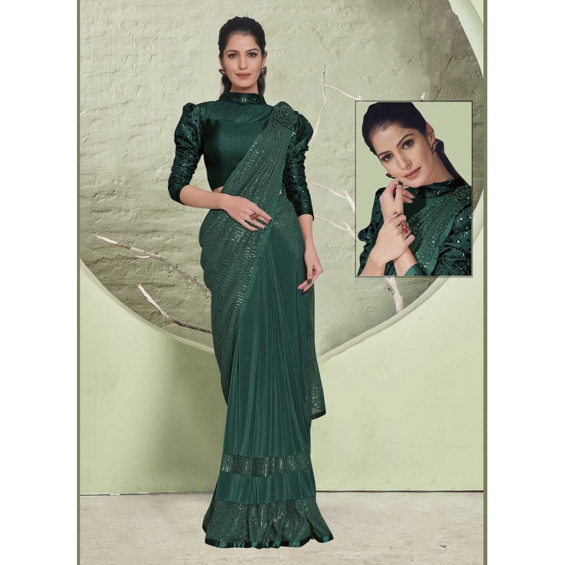 Green Lycra  Embroidery Hand Work Party Wear Sarees AF230457